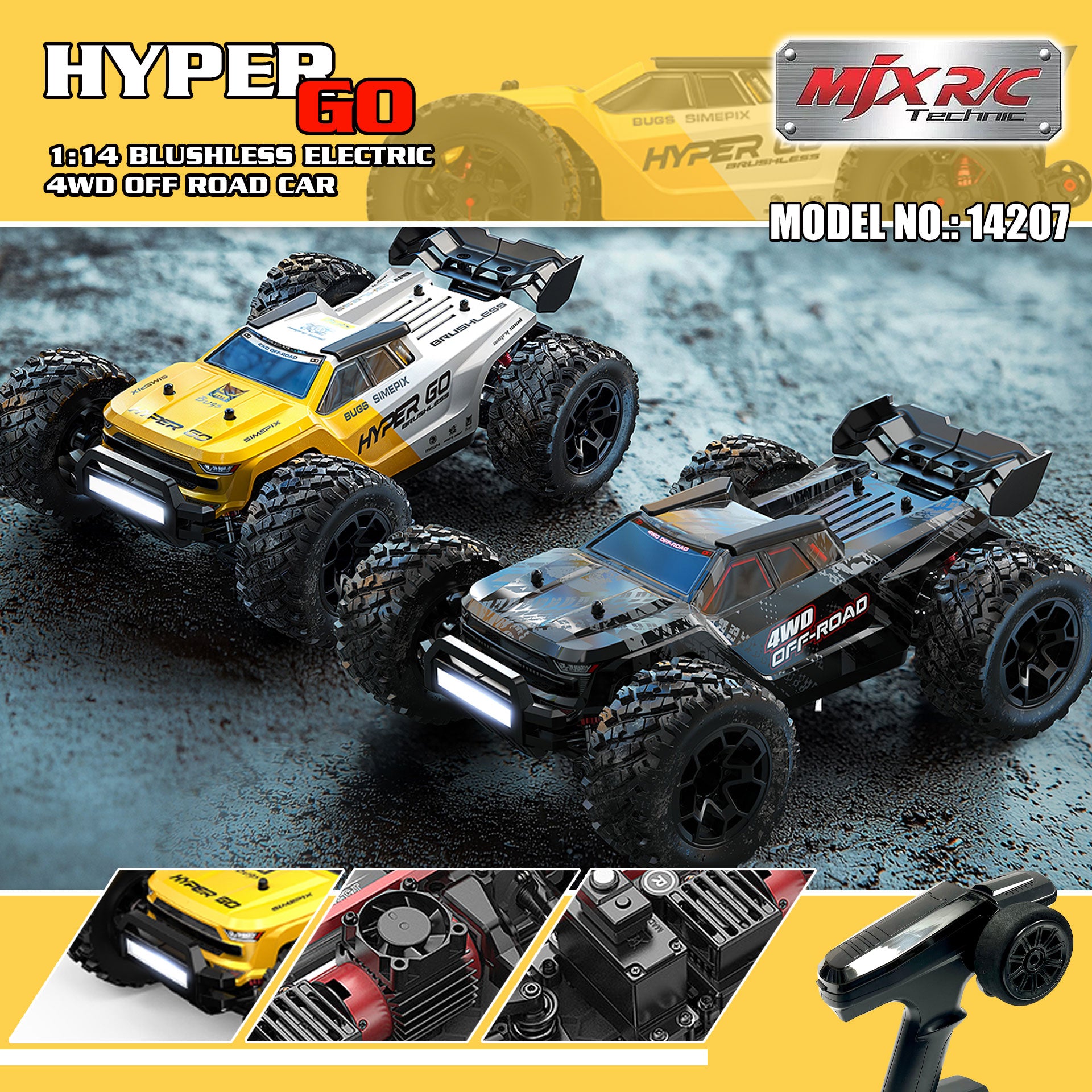 MJX Hyper Go 14207 1/14 Scale Brushless RC Car India – High Speed 4WD Off-Road Truck with 2 Shells