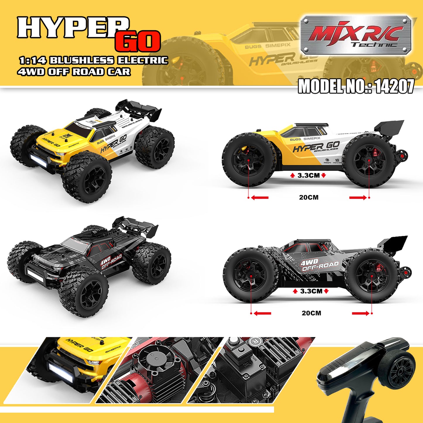 MJX Hyper Go 14207 1/14 Scale Brushless RC Car India – High Speed 4WD Off-Road Truck with 2 Shells