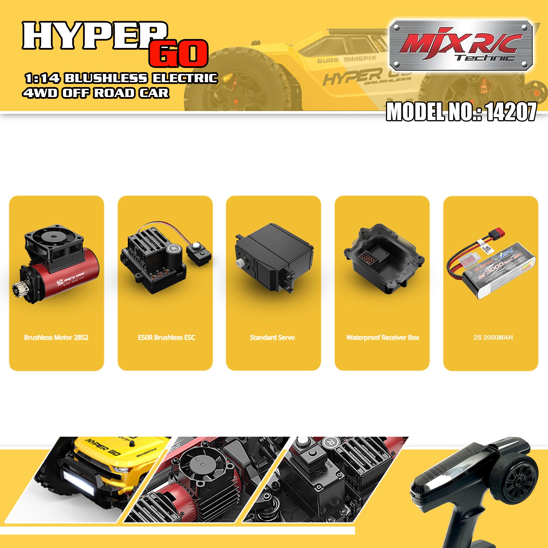 MJX Hyper Go 14207 1/14 Scale Brushless RC Car India – High Speed 4WD Off-Road Truck with 2 Shells