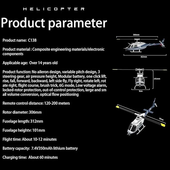 RC ERA 4CH C138 Pro Bell206 Gyro Stabilized Helicopter w/ Optical Flow-India