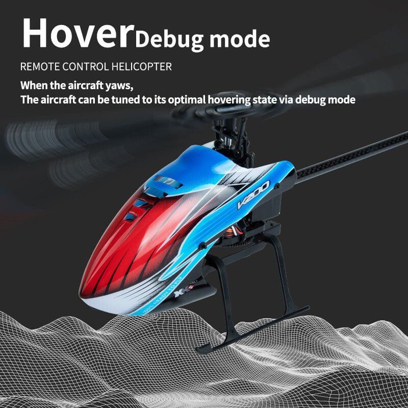 WLtoys XK K200 RC helicopter showcasing hover debug mode with colorful design and features.