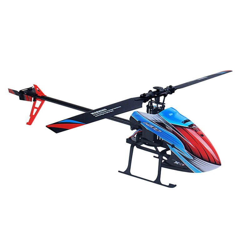 WLtoys XK K200 RC helicopter with red and blue design, featuring 6-axis gyroscope and altitude hold capabilities.