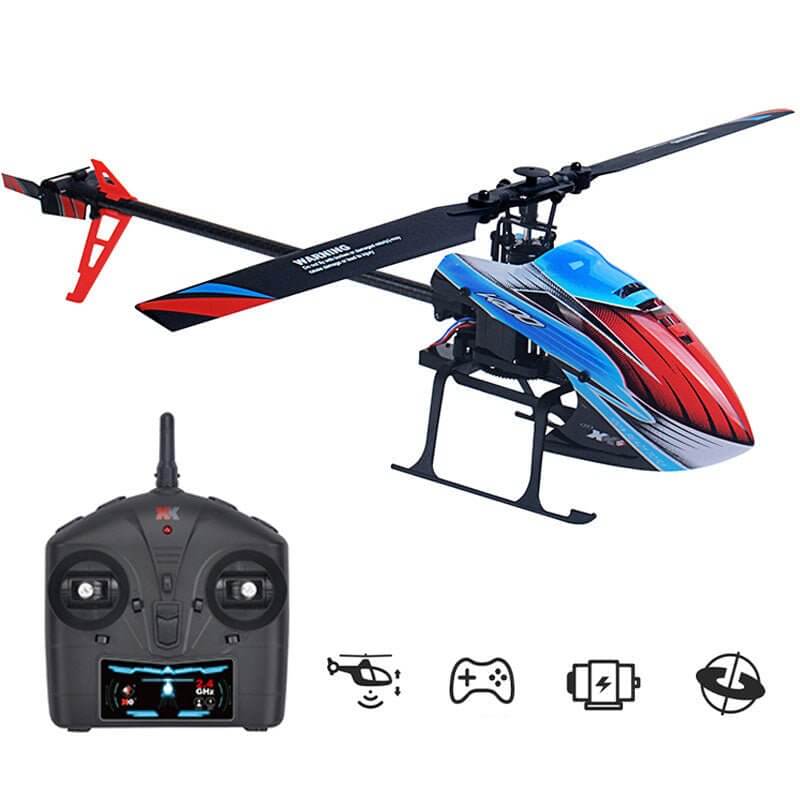 WLtoys XK K200 RC helicopter with remote controller, featuring a vibrant design and 4CH controls for enhanced flying experience.