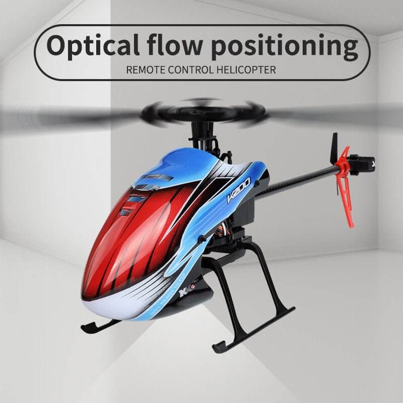 WLtoys XK K200 RC helicopter with optical flow positioning and sleek red and blue design.