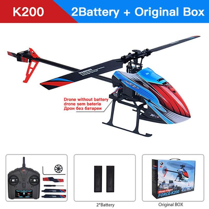 WLtoys XK K200 RC helicopter with two batteries and original box, featuring remote control and sleek design.