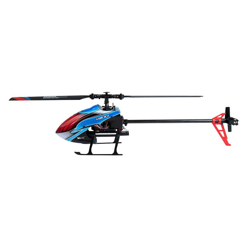 WLtoys XK K200 RC helicopter in blue and red design, showcasing its sleek body and rotor blades.
